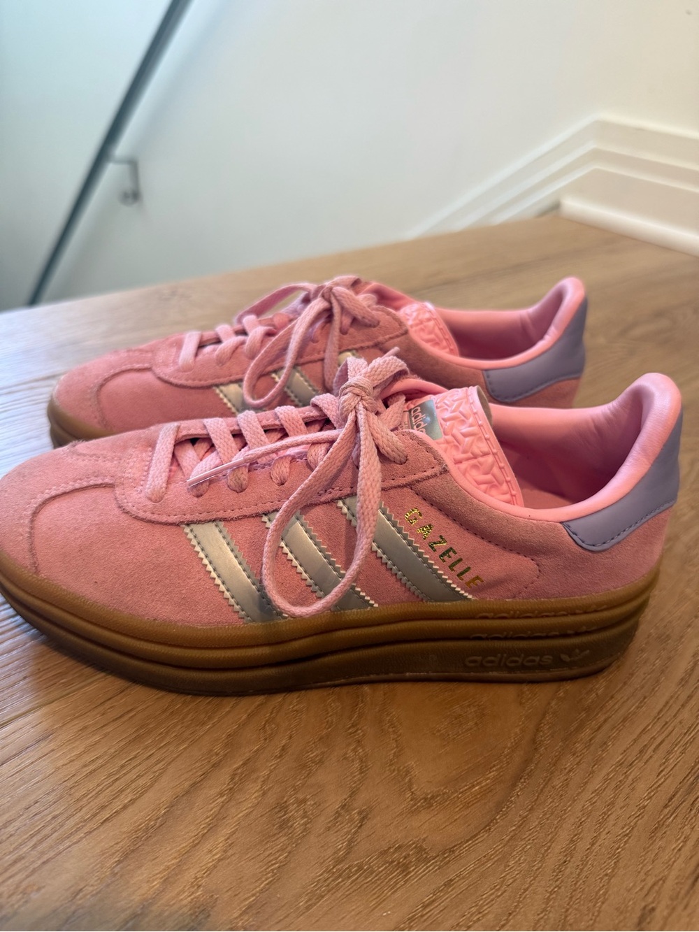 adidas Pink Suede Platform Gazelle Sneakers with Silver Stripes